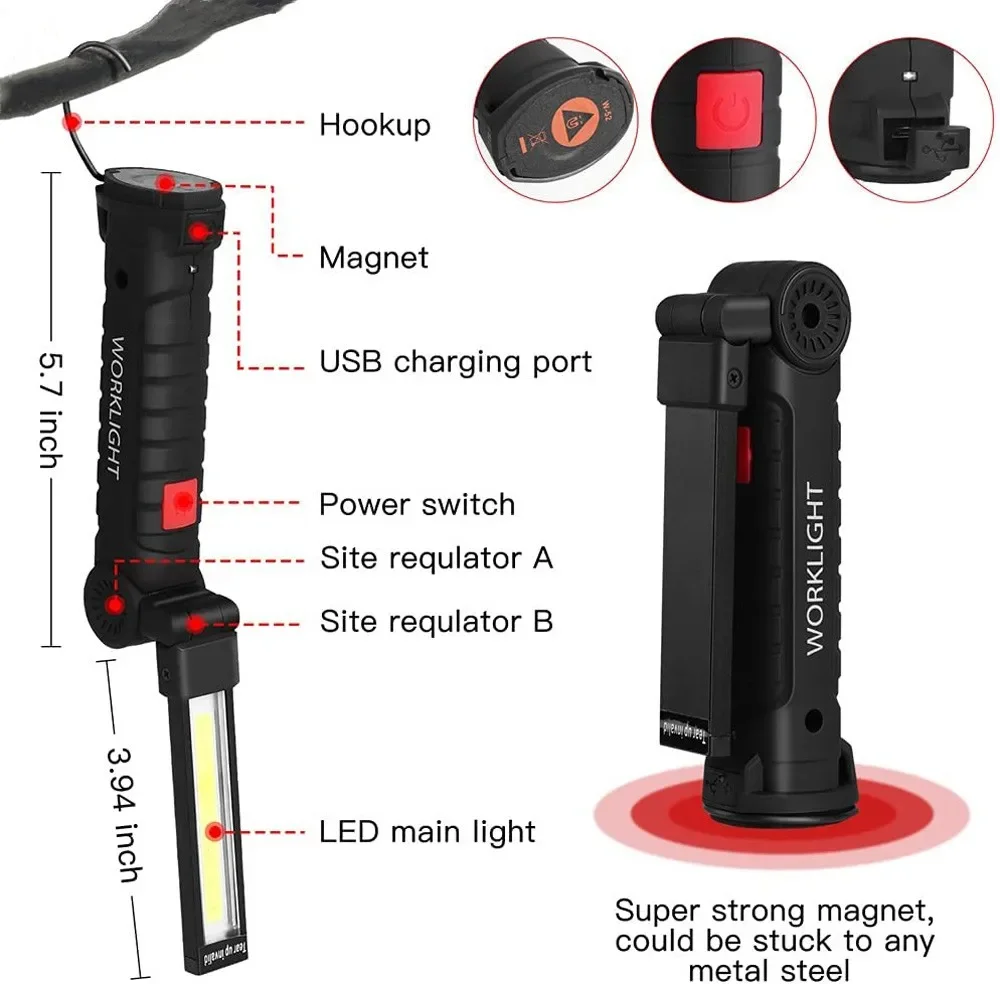 휴대용 COB LED 손전등 USB 충전식 작업 조명  - Renewable Energy Battery 리뷰 및 가격